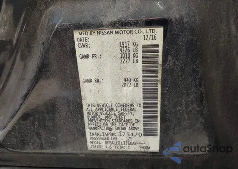 2017 Nissan Altima 2.5 Sv z USA, uszkodzony, nr VIN 1N4AL3AP9HC175470